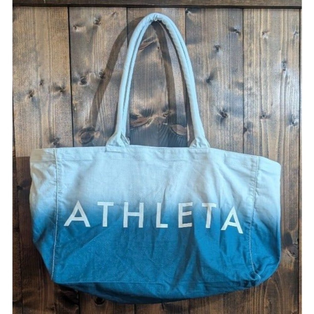 Athleta Canvas Tote Bag Ombre Blue Large Gym Travel Beach Carryall Logo